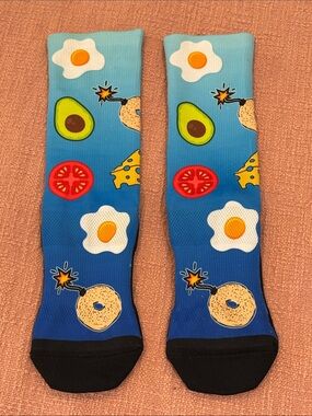 Blue Breakfast Print Casual Crew Socks - Fun Food Graphics